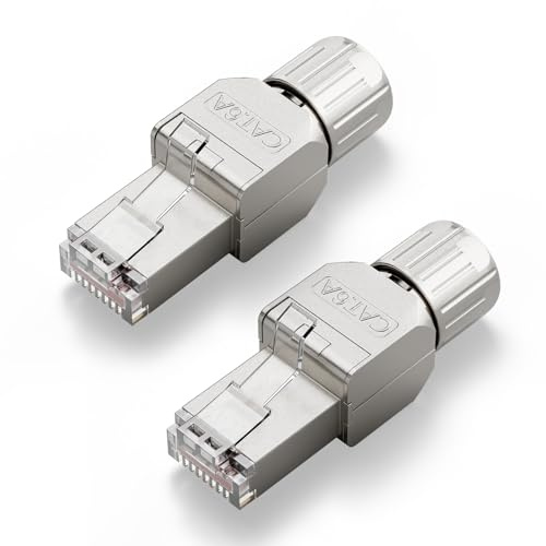 VCELINK Connecteur RJ45 sans Outil Cat6A, Fiche RJ45 Blindé, 2 Pièces | Fiche RJ45 à Contact Doré, 10 Gbit/s 500 MHz, Compatible Cat6A Cat6 Câble Réseau 22-24 AWG pour Routeur, Switch, Ordinateur