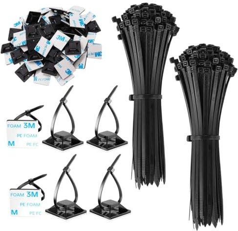 200 Stück Klein Klebesockel Kabel Halterungen Selbstklebend 20x20 mm mit 200 Stück UV Beständig Kabelbinder Kabelclips Halter Montage Befestigungen Basishalter für Heim Büro Kabel