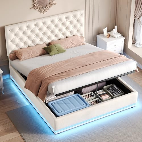 Gxffipw 4ft6 Upholstered Double Bed Frame with LED Light und Hydraulic Storage, Velvetv Ottoman Bed Double 135x190 cm with Handmade Button Tufted Adjustable Headboard, Beige, No Mattress