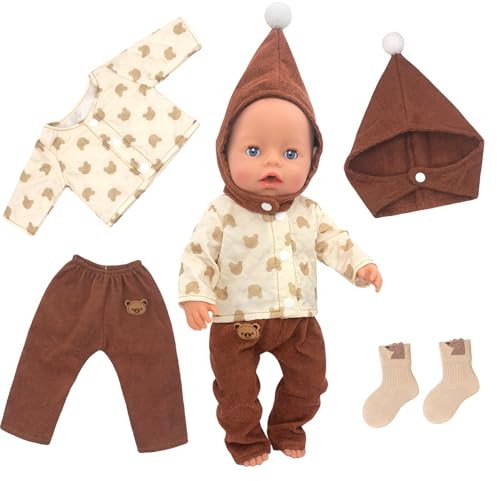 4 Stück Kleidung Outfits für 14-18 Zoll Baby Puppen, 30-43cm Baby Puppenkleidung Outfits 1 Bärenmantel 1 braune Hose 1 Hut 1 Paar Socken Puppenzubehör Geburtstagsgeschenk für Mädchen