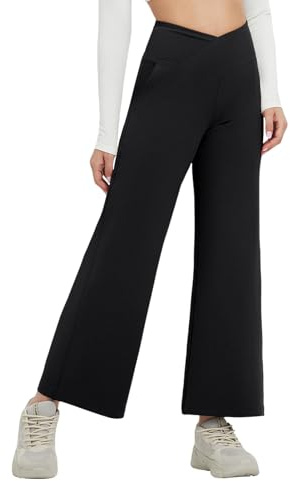 baleaf Pantalon large pour femme - Pantalon de yoga avec poches - Élégant - En tissu - Taille haute - Pantalon de jogging droit - Contrôle du ventre - Pantalon de sport, Noir petit, M petite