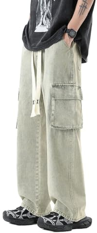 Instinct I Jeans Baggy Uomo Cargo in Denim Blu Loose Fit Ampio e Comodo – Pantaloni Larghi Streetwear Oversize con Tasche Laterali Tasconato in Cotone Resistente 50, Vintage Blu 801 (Baggy)