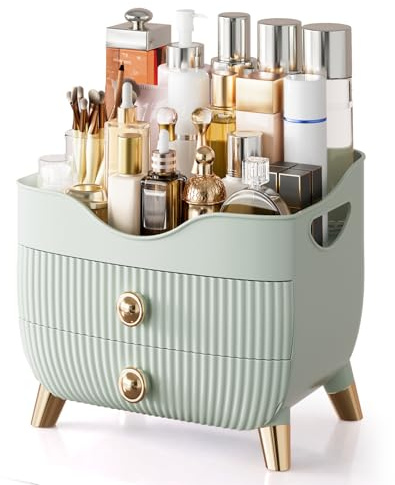 Makeup Organizer for Vanity, Large Capacity Skincare Cosmetic Organizer Countertop with 2 Drawers, Cosmetic Display Cases Makeup Storage Box for Bedroom, Bathroom, Ideal Gifts for Women(Green)