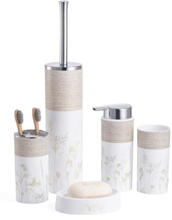 BM Set di Accessori da Bagno in Bambù e Plastica, Set Accessori Bagno Completo 5 Pezzi, Dispenser, Portaspazzolino, Bicchiere, Portasaponetta, Portascopino