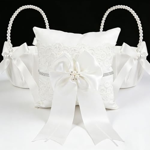 Lebsitey 2 Flower Girl Baskets and Ring Bearer Pillows Set, Pearl Handle White Satin Bowknot Flower Baskets, Wedding Ring Pillow,Ivory Wedding Baskets for Flower Girls Wedding Decor