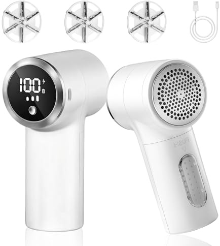 Mindu Fabric Shaver for Clothes with Digital LED Display and 6-Cutting Head | 3-speeds electric debobbler clothes shaver for home and car,with 3 replaceable 6-cutting heads, battery level display,white