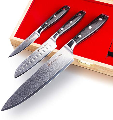 Stallion Wave - 3er Messerset Damast mit Micarta Griff - Hochwertiges Damastmesser Set aus Kochmesser, kleines Santokumesser und Officemesser - Küchenmesser aus Damaststahl