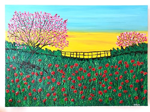 DORON ARTE QUADRO MODERNO ASTRATTO DIPINTO A MANO TELAIO GALLERY BORDI DIPINTI - PAESAGGIO CON FIORI - 50x70x4 cm -RIF100