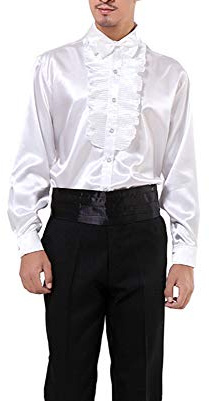 Men Shirts Victorian Tuxedo Satin Long Sleeve Ruffle Stand-up Collar Blouses, White 1, Large
