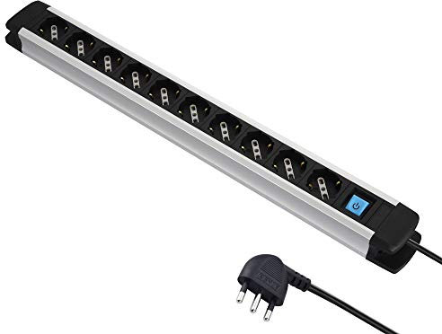 Electraline 61903 Multipresa Alu-Line 10 Posti Polivalenti, Schuko +10/16 A e 1 Interruttore Luminoso, 2 M, con Corpo in Alluminio