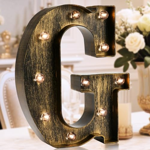 Oycbuzo Golden Black Led Marquee Letter - Industrial, Vintage Style Light Up Alphabet Letter Sign for Cafe Wedding Birthday Party Christmas Lamp Home Bar Initials Decor - G