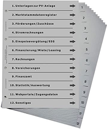 Ordnerregister für Photovoltaik, durchdachtes Register für DIN A4 Ordner, Themenordner für PV-Anlage und Balkonkraftwerk, lichtgrau