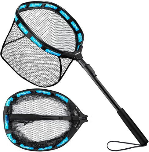 PLUSINNO Fishing Net Fish Floating Landing Net, Kayak Nets with Fixed Foldable Telescopic Pole Handle, Bass Trout Fishing Nets with Nylon Mesh for Pond Lake River, Fishing Gear Gifts for Men,Blue 0.8M