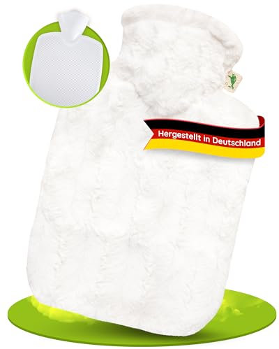Hugo Frosch Wärmflasche Klassik 1,8l – Made in Germany – mit kuscheligem Flauschbezug in Felloptik Weiß – große, auslaufsichere & geruchsneutrale Bettflasche – mit waschbarem Bezug