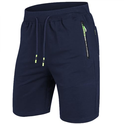 ZOXOZ Kurze Hosen Herren Shorts Sommer Kurze Jogginghose Herren Sports Shorts Sweat Baumwolle Gym Fitness mit Reissverschluss Navy Blau XXL