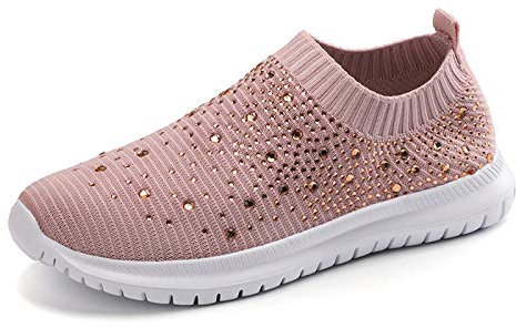 GOSPT Dam Mesh promenadskor strass glitter Slip On Ballroom jazz latin dans strumpa sneakers, Rosa, 39 EU