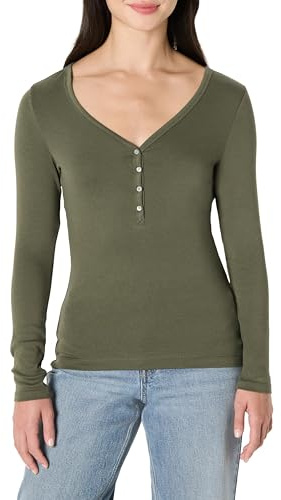 Amazon Essentials T-shirt Henley à manches longues, coupe étroite, en tricot côtelé Femme, Vert Olive, XL