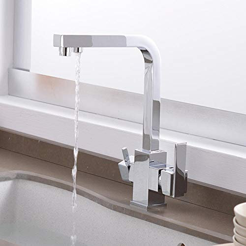 Chrom Armatur Küche, Doppelte Steckdose Wasserhahn Küche Warm und Kalt 360° Drehbar Küchenarmatur Doppelgriff, Trinkwasserhahn Amatur Küchenspüle