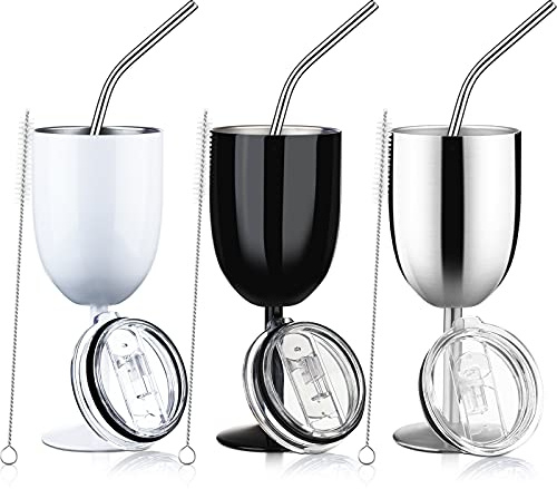 Geiserailie Juego de 3 vasos de vino de 10 onzas con tapa y pajita, blanco | Vaso de acero inoxidable aislado de doble pared, cepillo para popote incluido, regalo de cumpleaños, vasos de fiesta