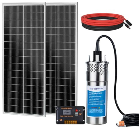 DCHOUSE 200W Kit de pompe submersible solaire à puits profond avec pompe à eau solaire 12V + panneau solaire 2PCS 100W(Câble en Y non inclus, achat supplémentaire nécessaire)