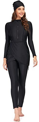 FYMNSI Muslimische Badeanzug Damen Bescheidene Bademode Islamisch Arabisch Schwimmkostüm Reißverschluss Langarm Top Hose Hijab 3er Burkini Set Modest Full Cover Muslim Badebekleidung Schwarz XXL