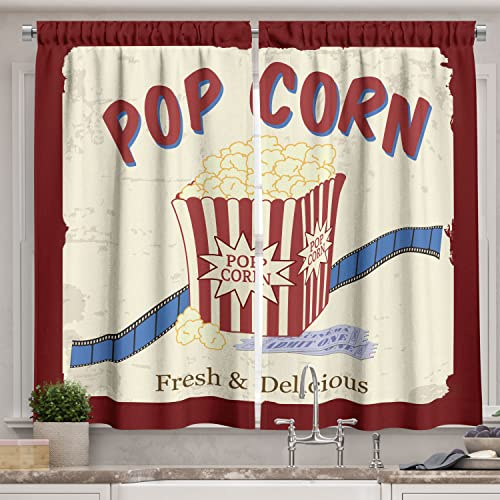 Ambesonne Movie Theater Long Kitchen Curtains, Fresh and Delicious Pop Corn Film Tickets and Strip Advertising in 60s Theme, Two Panels Drapes with Rod Pocket Room Decor, 55 x 45, Cream Blue Maroon