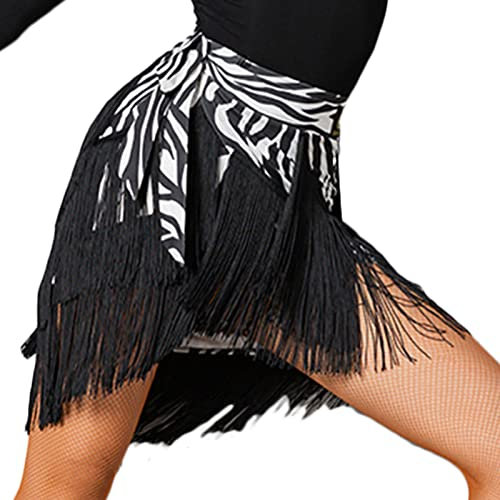 FEOYA Tanzröcke für Damen Zebra-Muster Ballsaal Latein Tanzkleid Fransen Quaste Rock Tanzpraxis Aufführung Hüfttuch beliebte Requisite für Latein-Tanz Gesellschaftstanz Tango Schwarz Einheitsgröße