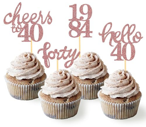 24 Stück Glitzer 40. Geburtstag Cupcake Topper, Geburtstagsdeko 40 von 1985 für Deko 40 Geburtstag, 40 Geburtstagsfeier Zubehör Party Dekoration Kuchendekoration (Rose Gold)