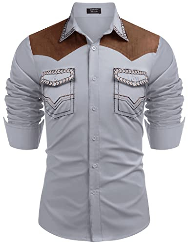 Coofandy Western-Cowboy-Hemd für Herren, Bestickt, langärmelig, schmale Passform, lässig, Baumwolle, Button-Down-Hippie-Shirt, mit Taschen, GRAU, XL