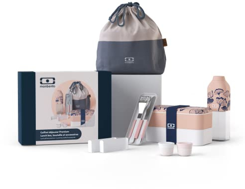 monbento - Premium Lunch Gift Box - With Bento Box MB Original Ginkgo, Slim Flamingo Box Cutlery Set, MB Pochette L Natural Bag, MB Positive M Ginkgo Bottle, 2 MB Temple S and 2 Dividers