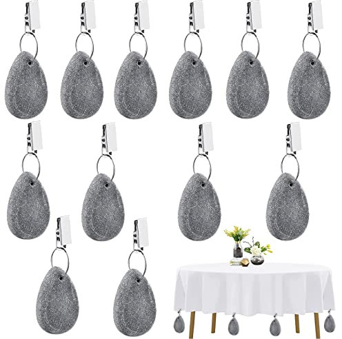 Funmo 12 Stück Tischdeckenbeschwerer aus Naturstein,Tischdeckenbeschwerer Set mit Clip,Tischdeckenbeschwerer für Draußen,Grau Stein Tischdecke Gewichte für Tischdecken Klammern für Picknicks (A)