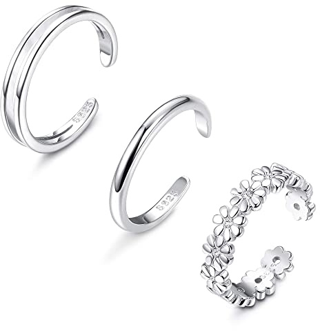 Sllaiss 2-3 st 925 Silver Tåringar för Kvinnor Sterling Silver Öppen Tå Ringar Set Blomma Hjärta Ihåliga Tå Ringar Justerbart Band Toe Ringar Sommar Strand Fot Smycken Set B