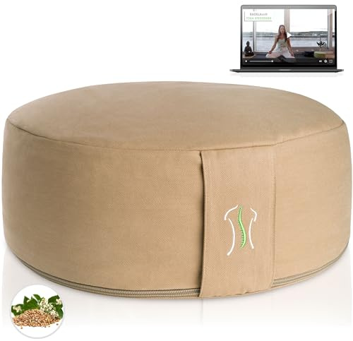 BACKLAxx ® Yoga-Kissen | Meditationskissen XL 35 cm | 30% mehr Sitzfläche | 15 cm hoch mit Buchweizenfüllung | Yoga-Sitzkissen-Boden | perfektes Meditation-Zubehör | Yogakissen Rund | inkl. Videokurs