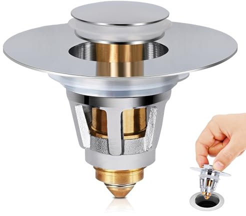 Hertone Universal Bathroom Sink Stopper, for 1.08-1.5 Inch Sink Drain Hole, High-Grade Pop Up Sink Drain Strainer Plug, Anti-Clog, with Hair Catcher Filter Basket, All Brass Metal, Polished Chrome