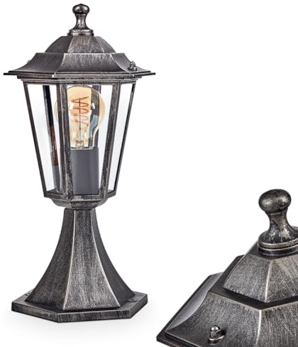 HOFSTEIN Außenwegeleuchte Loria, Sockelleuchte aus Metall/Glas in Schwarz-Silber/Klar, Wegeleuchte im Landhaus/Antik/Retro/Vintage-Design für Garten, Außenbereich, Hof, Terrasse, 37 cm, E27, IP44