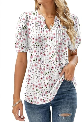 EFFAN Women's Floral Printed V-Neck Puff Sleeve Tunic Blouse T-Shirt