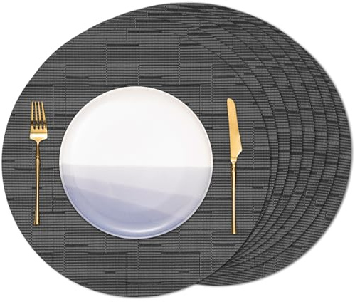 Banchif Tischsets Rund, Tischsets Abwaschbar 8er Set Platzdeckchen PVC Rund rutschfest Platzsets Abwischbar Gewebte Vinyl Platzsets Durchmesser 38 cm, Schwarz Grau