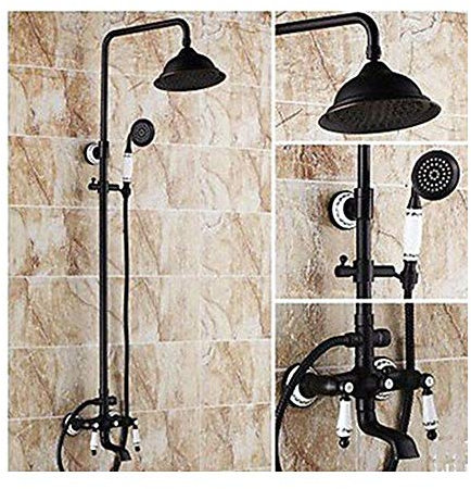 sjdoPulse Retro-Duschsäulen-Set, Messing-Wandduschsystem, Dusche In Schwarzer Farbe, Set Mit Badewannenarmatur, Dusche, Duschknopf Für Badezimmer