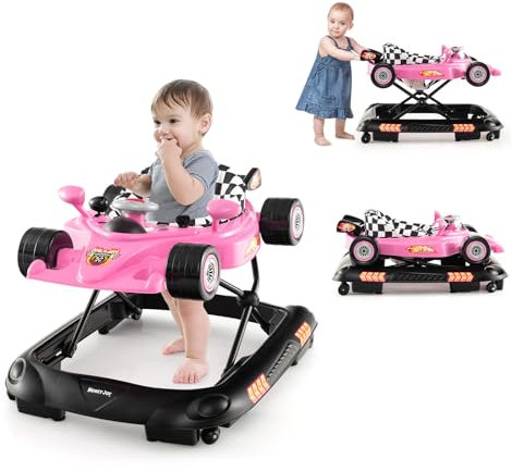 GYMAX Girello Pieghevole per Bambini, Centro Attività a Tema Auto con Altezza Regolabile, Ruote, Cuscino del Sedile Rimovibile, Girello Convertibile Facile da Piegare, 6+ Mesi (Rosa)