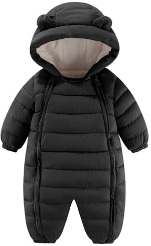 Maeau Combinaison de Neige Bébé Fille Garçon Grenouillère Hiver Nouveau Né Barboteuse à Capuche Snowsuit Vêtement de Ski Chaud Combi Pilote Jumpsuit Manteau Polaire Veste Ensemble Body 0-5 Mois Noir