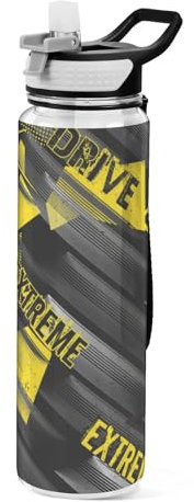 Mnsruu Transparente Sport-Wasserflasche mit Strohhalm, auslaufsichere Trinkflasche, abstrakte Extremsport-Grunge-Fahrradflaschen für Sport, Büro, Schule, BPA-freier Tritan-Kunststoff, 1 Liter