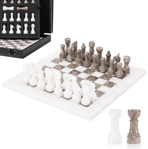 Marmor schackset 25 cm vit och oceanisk med förvaringsbox och 2 extra drottning handgjorda klassiska brädspel för vuxna, lyxigt schackbräde och schackpjäser för gåvor