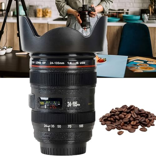 WYFCR Kameraobjektiv Kaffeebecher -380 ml,Thermobecher, Fotografen Kaffeetasse, Travel Mug, To go Coffee für Männer, Frauen, Kameralinsenform, Isolierbecher,für draußen, tragbar (Schwarz)