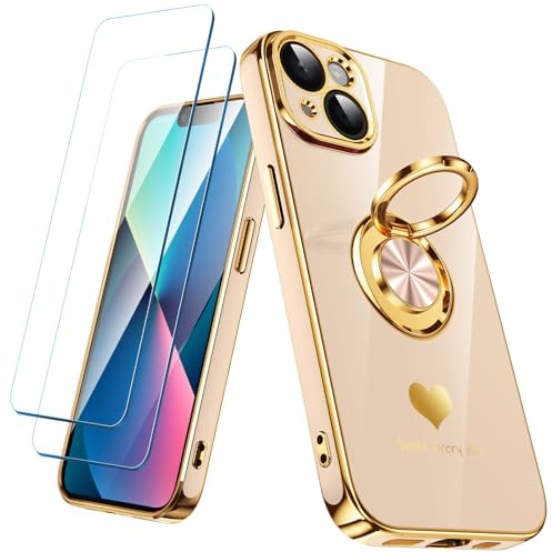 Nonional Compatible for iPhone 14 Case with 2 Pack Screen Protector, 360° Rotatable Ring Holder [Luxury Hearts Pattern] Plating Gold Edge Slim Soft Phone Cover Case for iPhone 14 - Pink