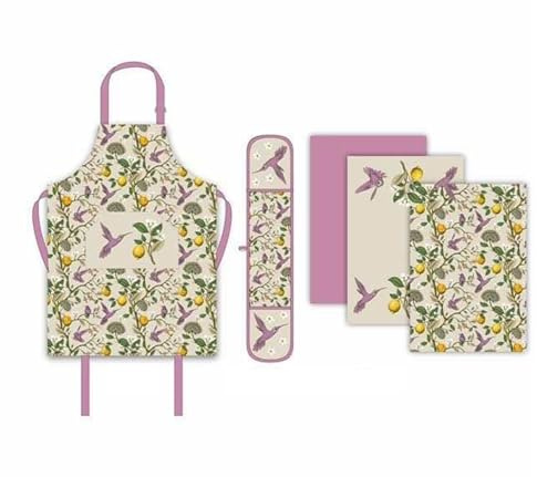 Sterling Sports 5-Piece Kitchen Set Apron, Double Oven Gloves & Tea Towels Set - Quick Dry Kitchen Accessories For Cooking & Baking - Perfect Mothers Day Gifts For Baking Lovers (Purple-Humming Birds)