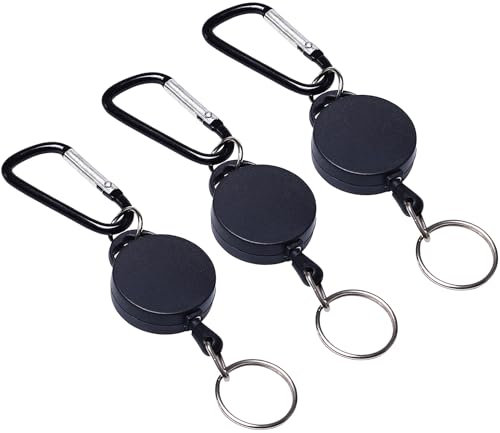 WOLMIK 3 Stück Retractable Schlüsselanhänger Ausziehbar Key Schlüsselband Heavy Duty mit Federhaken und Nylonseil für Schlüssel Ausweis, Schwarz