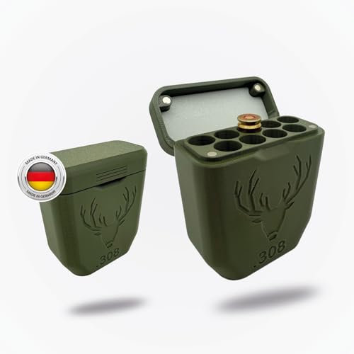 Patronenbox für 9 Patronen – Robuste, widerstandsfähige Munitionsbox mit Magnetverschluss und Gummieinlage für Geräuscharmen Transport (Grün, Kaliber .308)