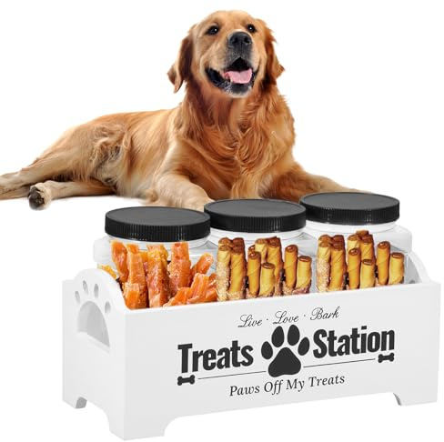 JEJUWE Dog Treat Container Set with 3 Airtight Jars - Wood Pet Food Storage Container, Dog Biscuit Tin Organiser for Kitchen Counter, Treat Jar for Dogs Cats Snacks (White)