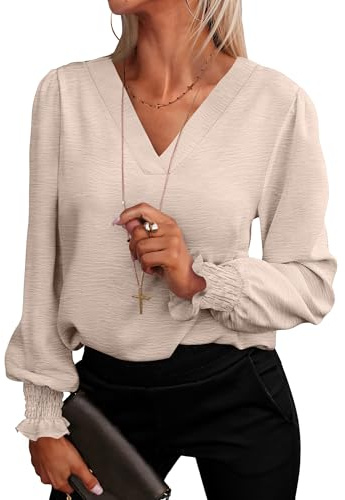 ANRABESS Women's Business Casual Tops V Neck Puff Long Sleeve Shirts Dressy Office Work Blouse 2026 Fall Outfits Clothes Parchment Medium