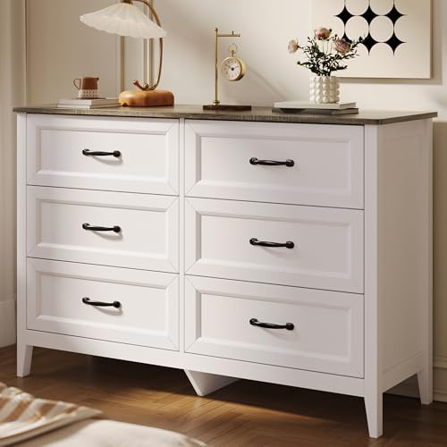 Gizoon 6 Drawer Dresser, 47.2 W Chest of Drawers, Modern Dresser for Bedroom, Wood TV Stand for Living Room, with Smooth Rail, Metal Handles, Anti-tip, for Hallway, Entryway, Grey